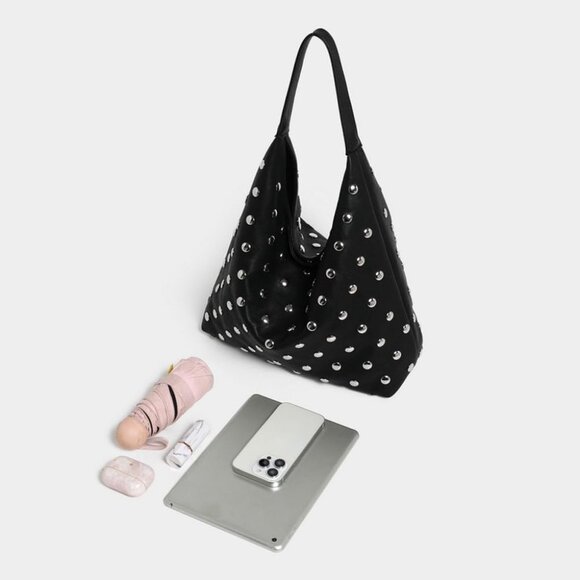 Women's Black Soft Vegan Leather Studded Shoulder Handbag Slouchy Tote Purse - Picture 3 of 6